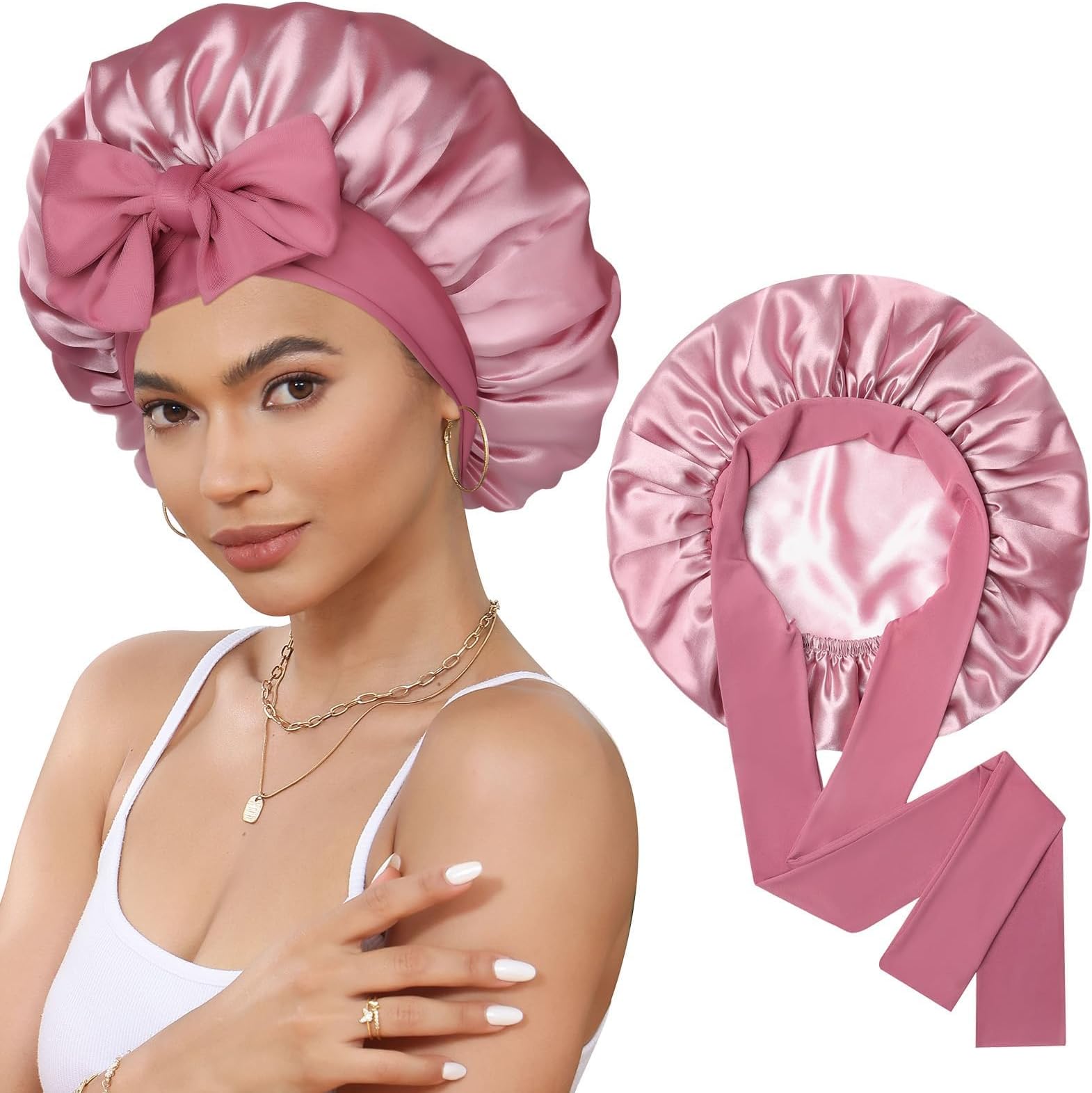 Double Layer Satin Bonnet for Sleeping, Hair Bonnet for Curly Hair | Silky Bonnet For Sleeping Women & Men - Adjustable with Elastic Tie Band, Retains Moisture & Reduces Frizz - Secure Fit