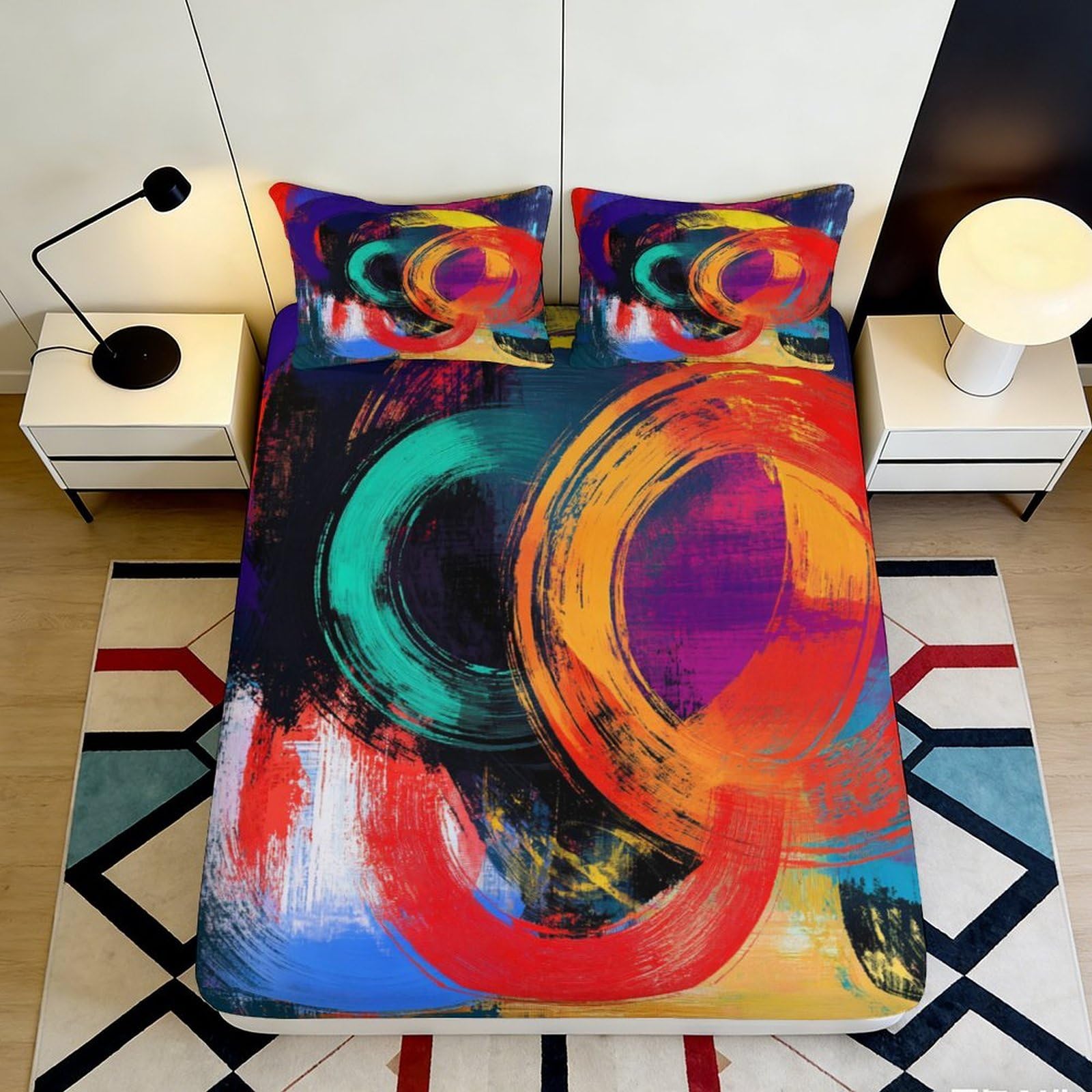 3D Printed Abstract Colorful Circle Fitted Sheet Microfiber Soft Breathable Artistic Swirl Mattress Cover for Bedroom Dorm Decor 120x200x25cm