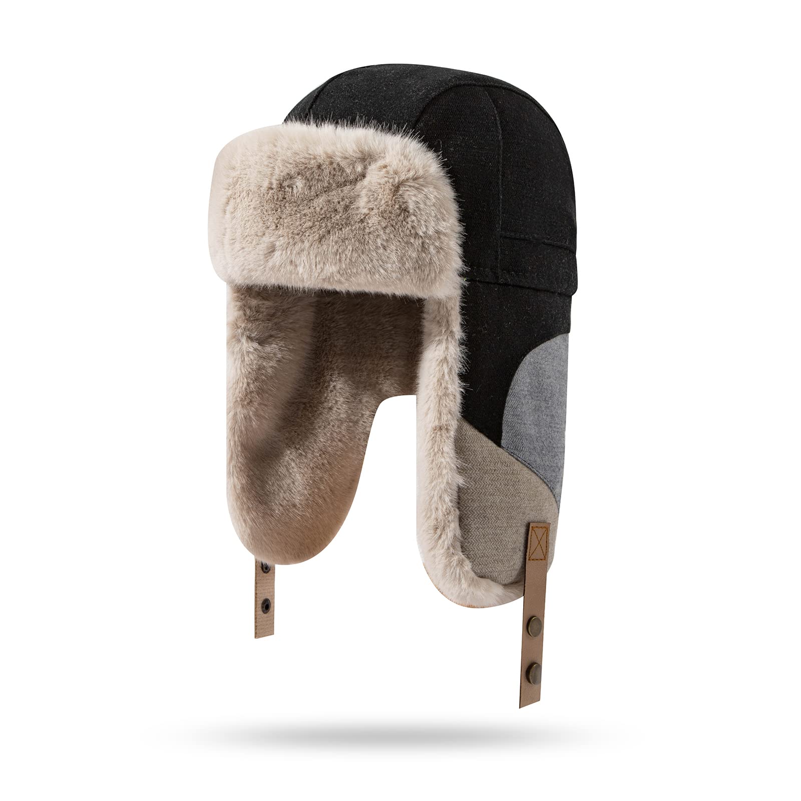 Gorro de Invierno, Gorros de esquí Nieve algodón y Piel sintética, Gorros piloto Aviador Invierno con Orejeras(PL20Black)