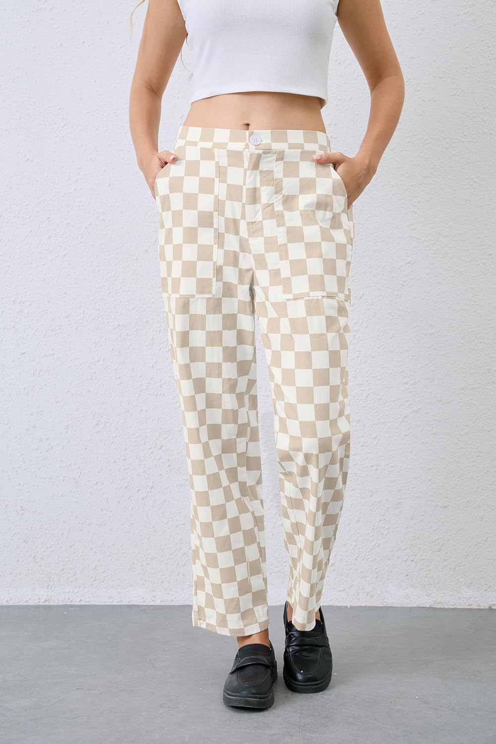 Womens Checkered Pants Zip Off Plaid Gingham Pants Casual Elastic High Waist Straight Leg Jeans with Pockets - Image 3