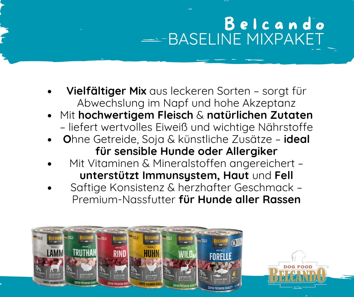 Belcando Baseline Sparpaket 2x6x800g – Nassfutter Mix für Hunde mit 6 Sorten: Forelle, Rind, Lamm, Huhn, Wild & Ente, Truthahn – Premium Hundenahrung aus Deutschland – ohne Zucker & Soja