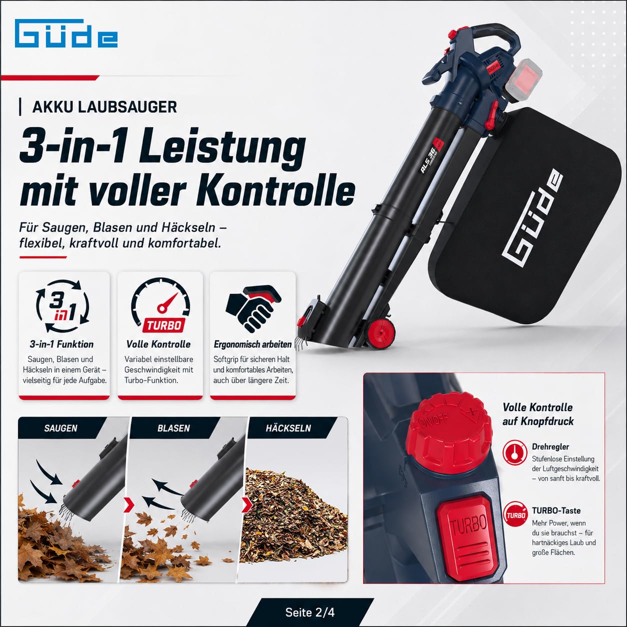 Güde Akku Laubsauger ALS 36-202-30-2 Stück 2 Ah Akkupack, Doppelladegerät | Saugen, Blasen, Häckseln, Vario-Speed mit Turbo, Blätterkralle, Reinigungsklappe, einstellbare Fahrrollen, 45 Liter Fangsack