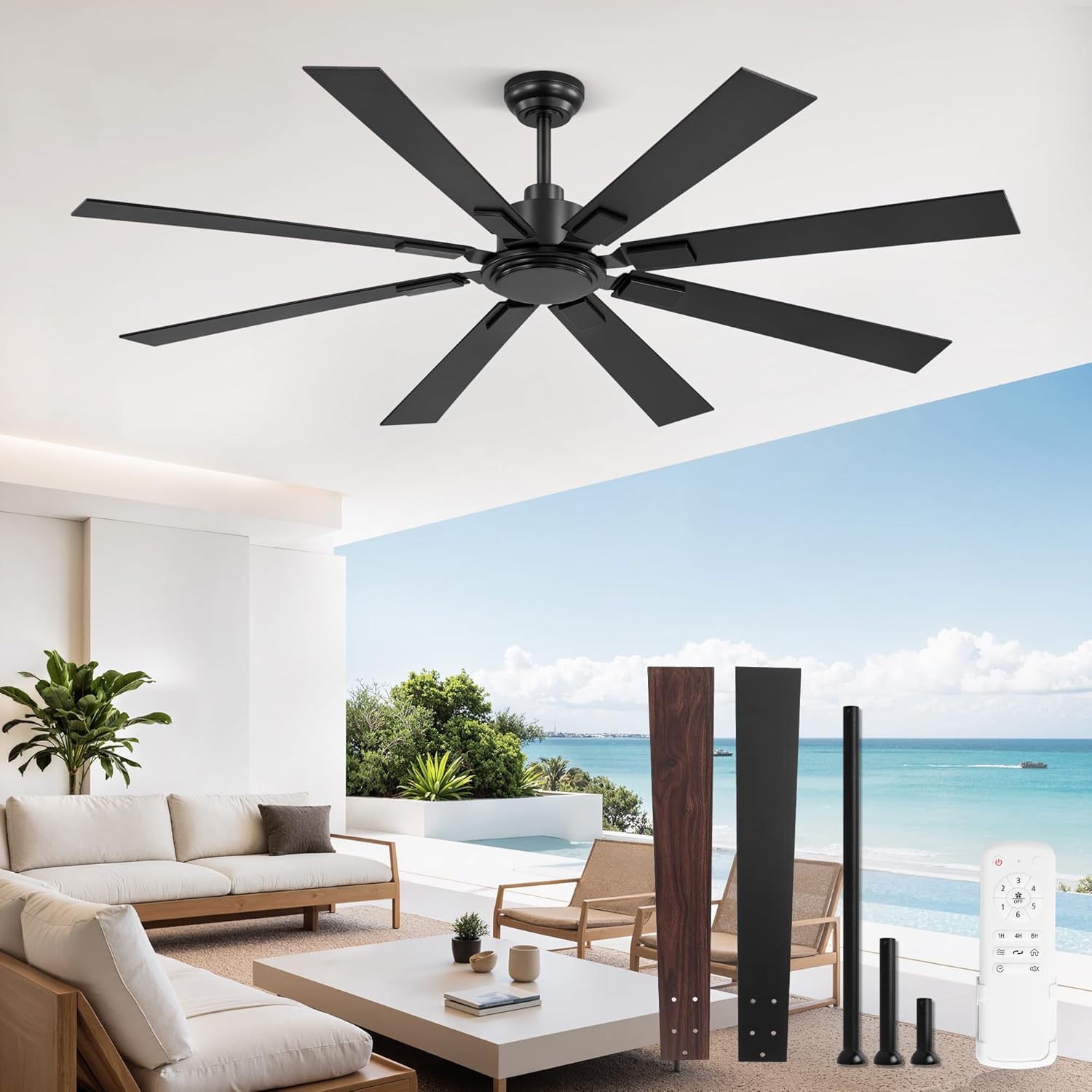 ZMISHIBO 65 Inch Outdoor Ceiling Fans No Light with Remote, Damp-Rated Black Modern Ceiling Fan Without Light, 6-Speed Reversible DC Motor, Humidity-Resistant 8 Blades for Patio Porch Gazebo Garage