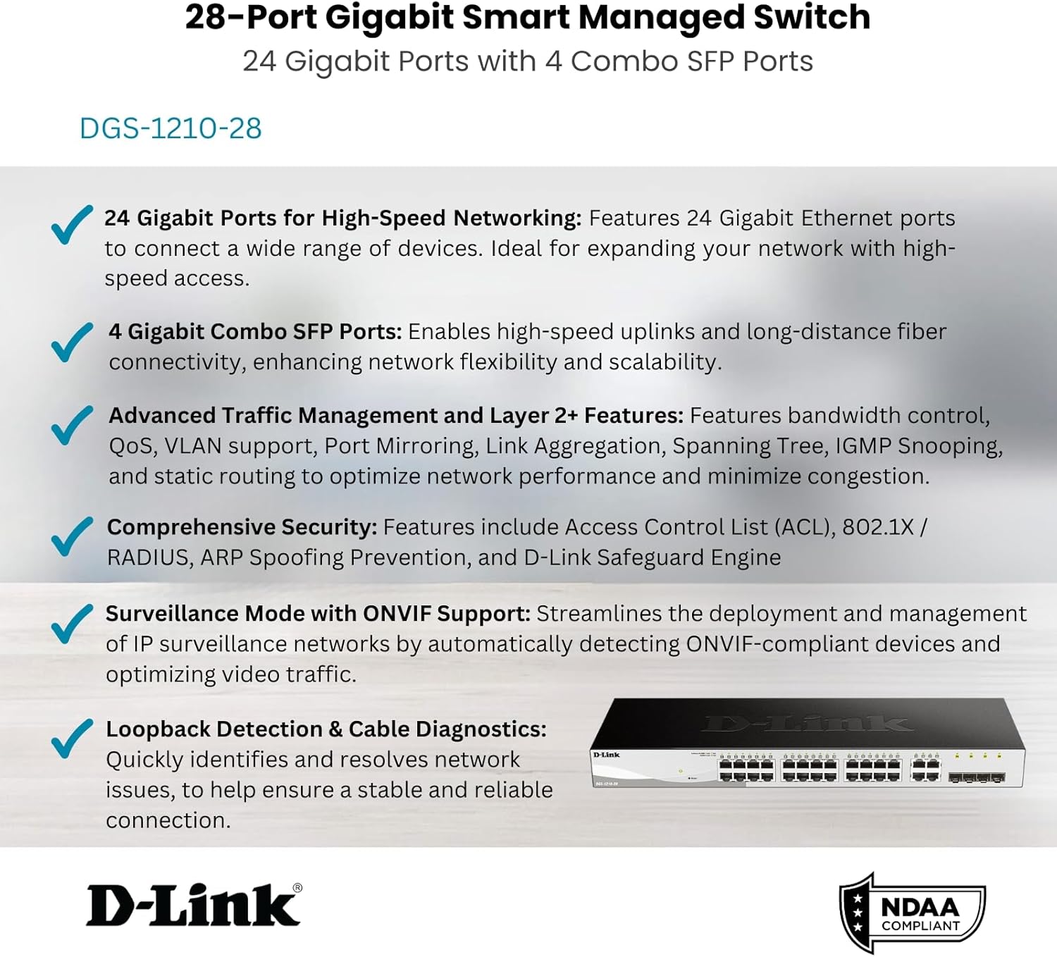 Graphic highlighting key features of the D-Link 28-Port Gigabit Smart Managed Switch, including 24 Gigabit ports, 4 SFP ports, advanced traffic management, comprehensive security, surveillance mode, and cable diagnostics.