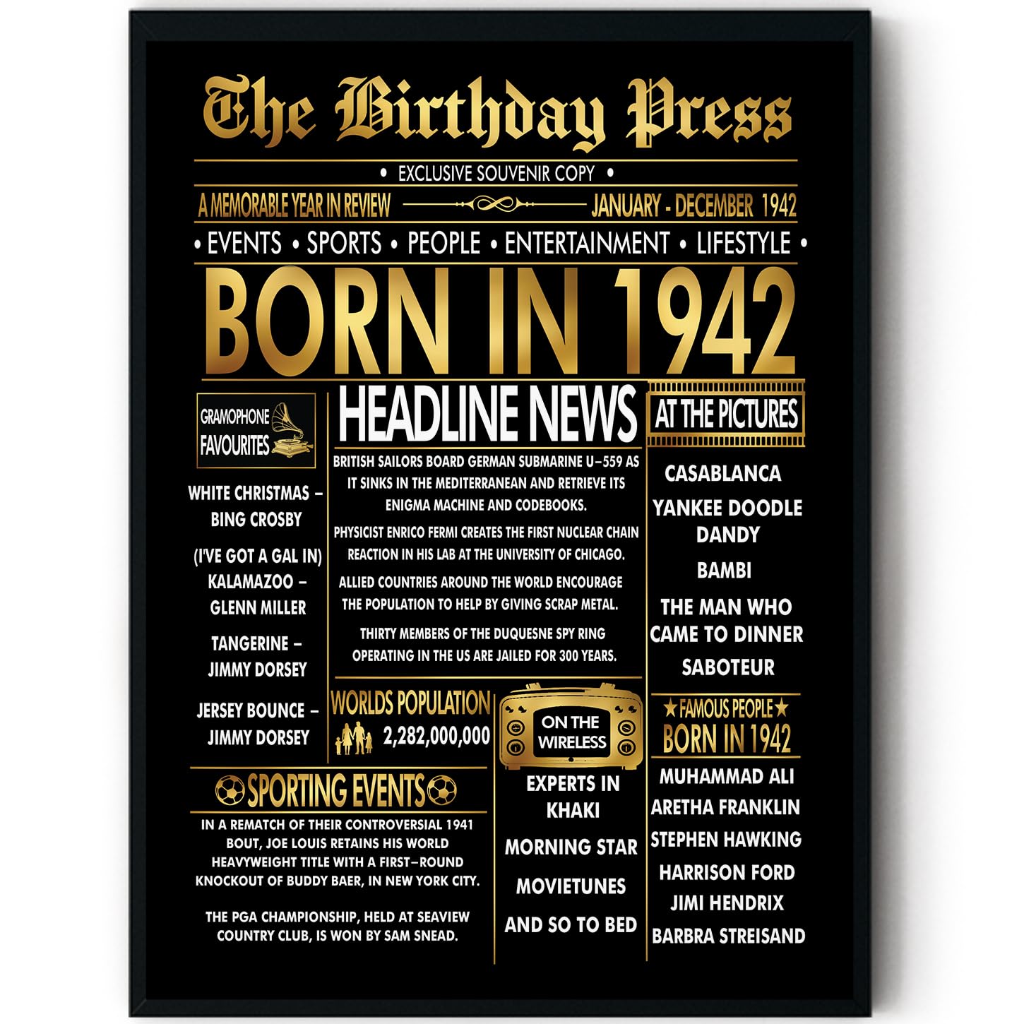 Stuff4 Men's 1942 Gold 84Th Birthday Poster Framed - Golden Born In Newspaper - Happy 84 Birthday For Wo Retro Vintage Gifts Back In 8X10 Inch Bday Party Decor Decoration