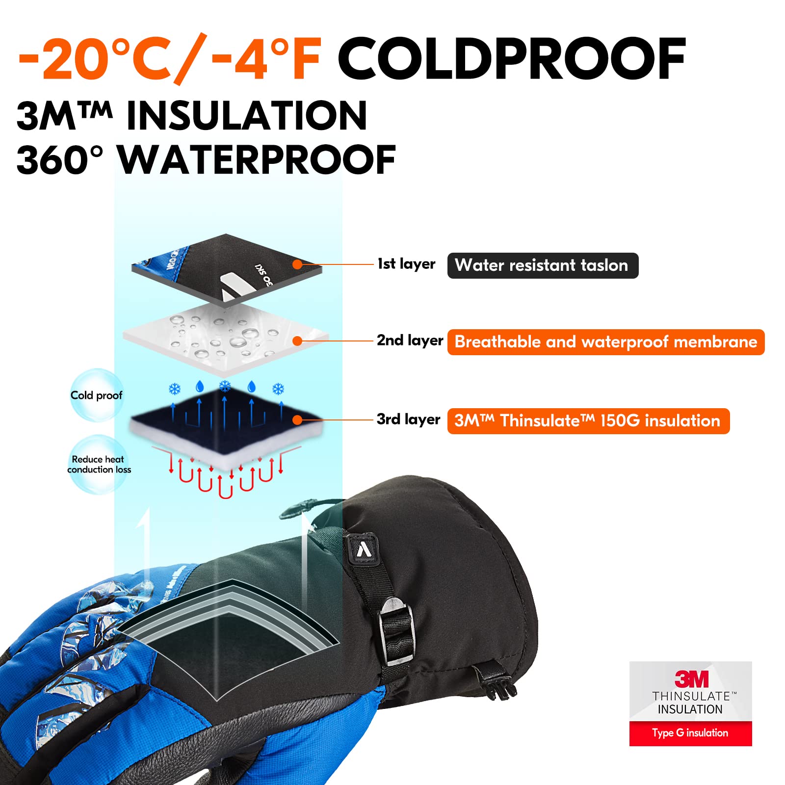 Vgo... Gants de Ski en Vache pour Hommes, Femmes, Gants de Neige, Gants d'extérieur, imperméable, 3M Thinsulate 30 ℃ / - 22 ° f ou Plus (CA2473FW&CA2476FW)