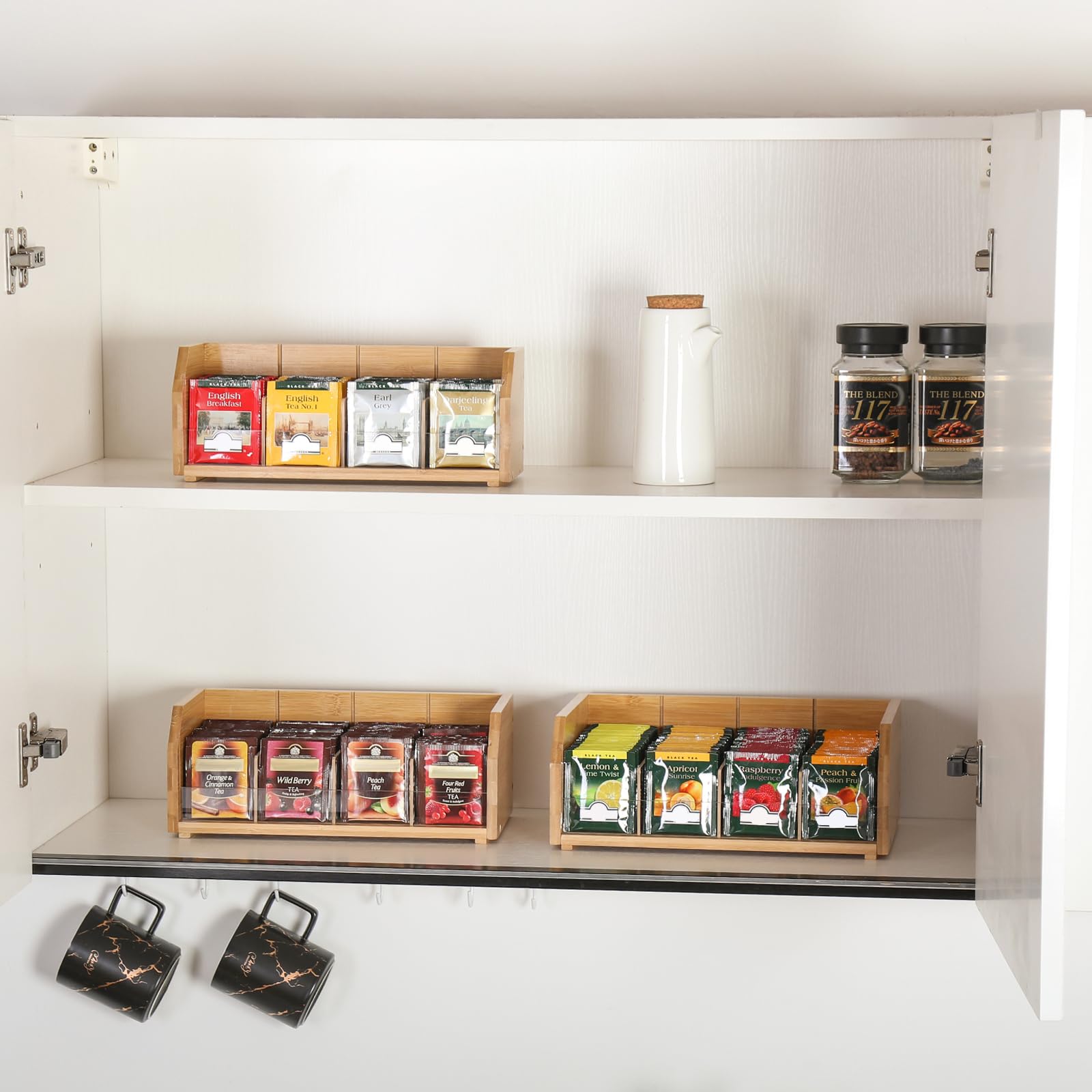 TIOPGHAD Organizer per bustine di tè in bambù impilabile a 3 strati, per bustine di tè, contenitori in legno, supporto per bustine, armadietti, piani di lavoro e ufficio (design brevettato)