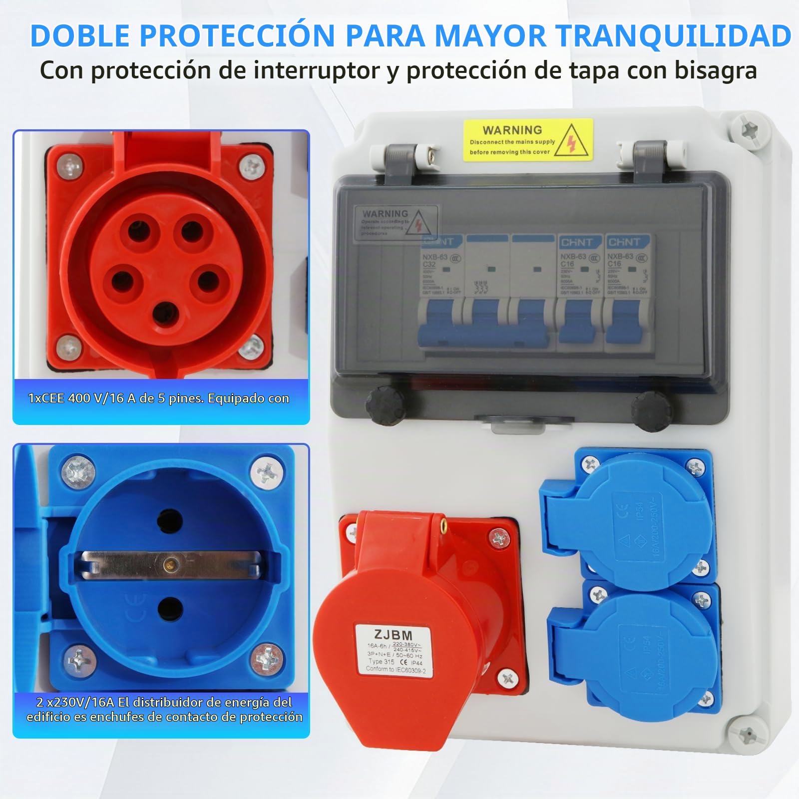 Distribuidor de Corriente 220V/16A para Obras - Tablero Eléctrico Impermeable para Exteriores con Enchufe Combinado - Caja Resistente a la Intemperie para Uso en Construcción y Talleres