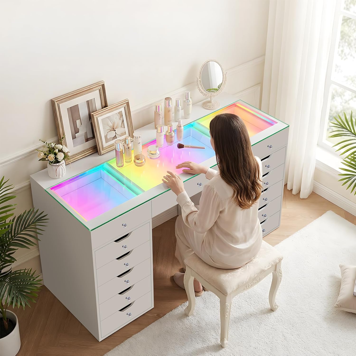 VANITII Large Vanity Desk with 15 LED Mirror, Makeup Vanity Table with 13 Drawers and RGB Color Modes Type C USB Charging Bedroom Dressing