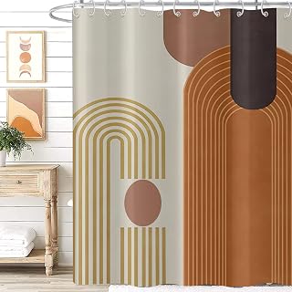 Mid Century Shower Curtain, Neutral Brown Beige Modern Boho Arch Geometric Machine Washable Waterproof Fabric for Bathroom Decor Bathtub with 12 Hooks 72x72