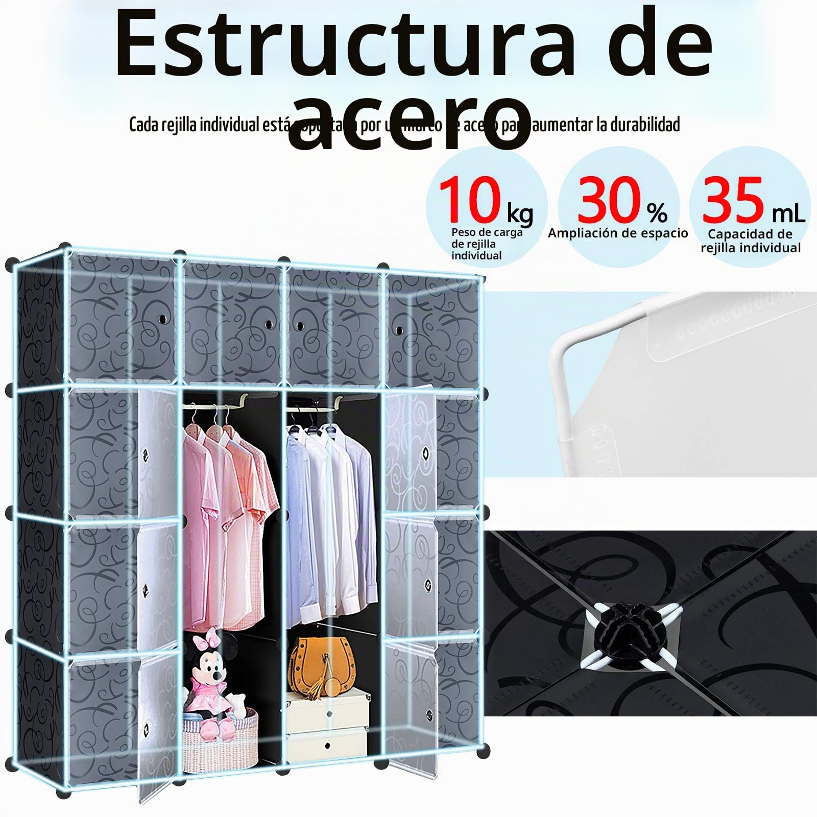 FIVMEN Armario negro con 16 cubos para manualidades, armario de plástico con puerta, sistema de estantería, 140 cm de ancho