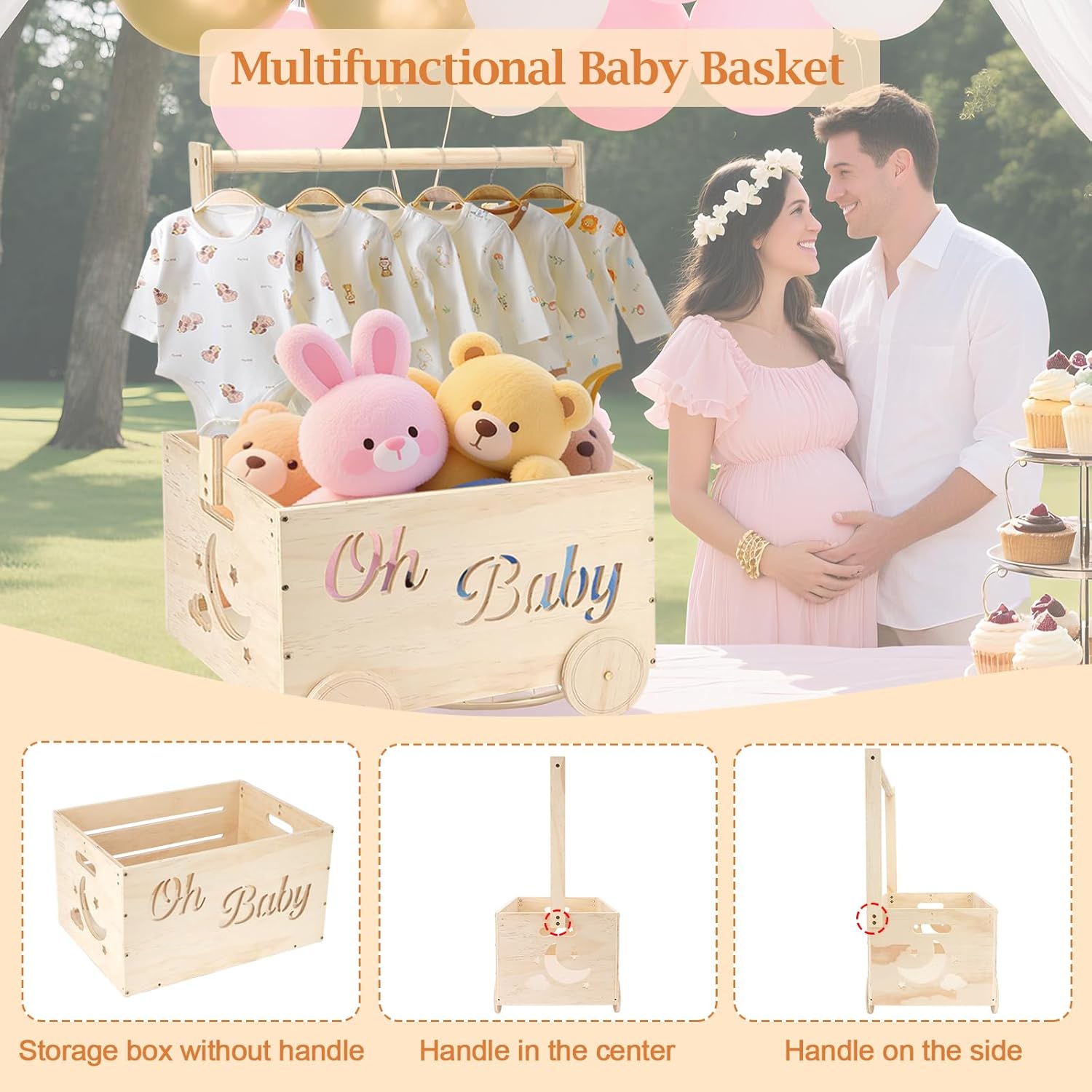 Wooden Baby Shower Crate Closet, Baby Shower Gifts Basket for Newborn Boys Girls, Personalized Babyshower Crate Box with Handle & Wheels, Pregnancy Gifts Xmas Present for New Mom Parents