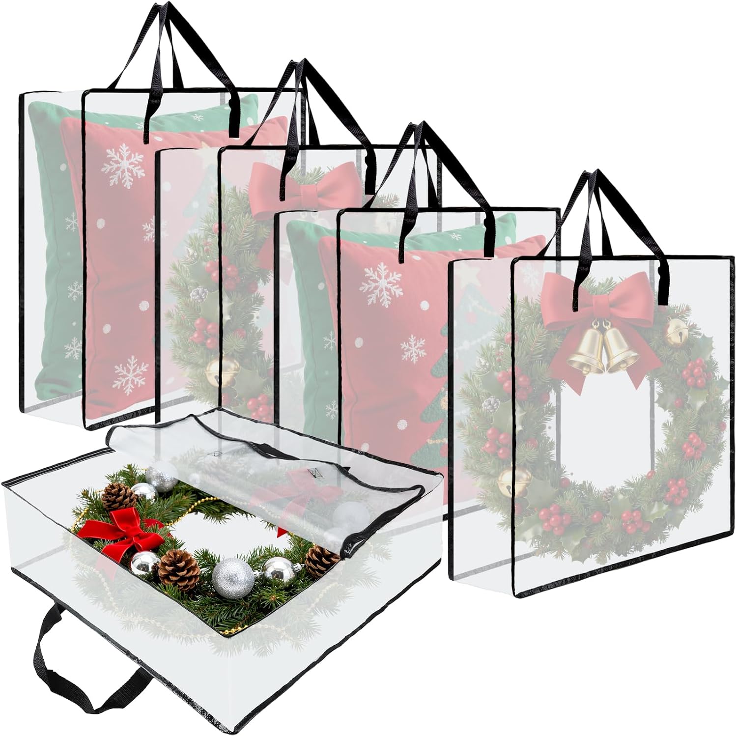 Wreath Storage Bag, 26 Inches Wreath Storage Container, 5 PACK | Christmas Decoration Garland Container Clear Storage Bags Moving Bag for Wreaths Clothes Gift Pillow Under Bed Storage