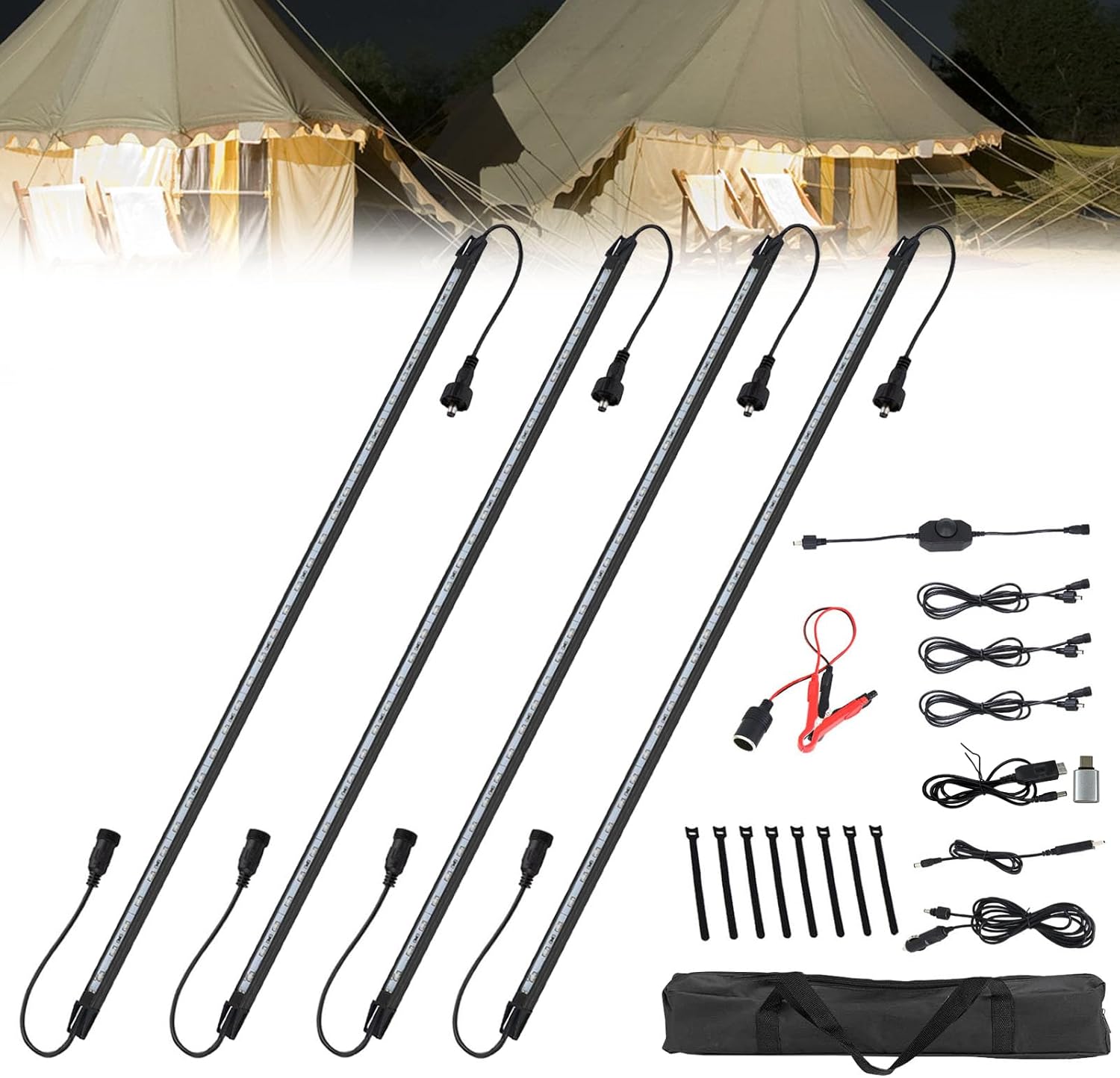 12V LED Interior Light Bar Kit Dimmable IP67 Waterproof Camping String Lights, 4 Bars White Aluminum Magnetic Mount Exterior Lights for RV, Camping Tent,Car