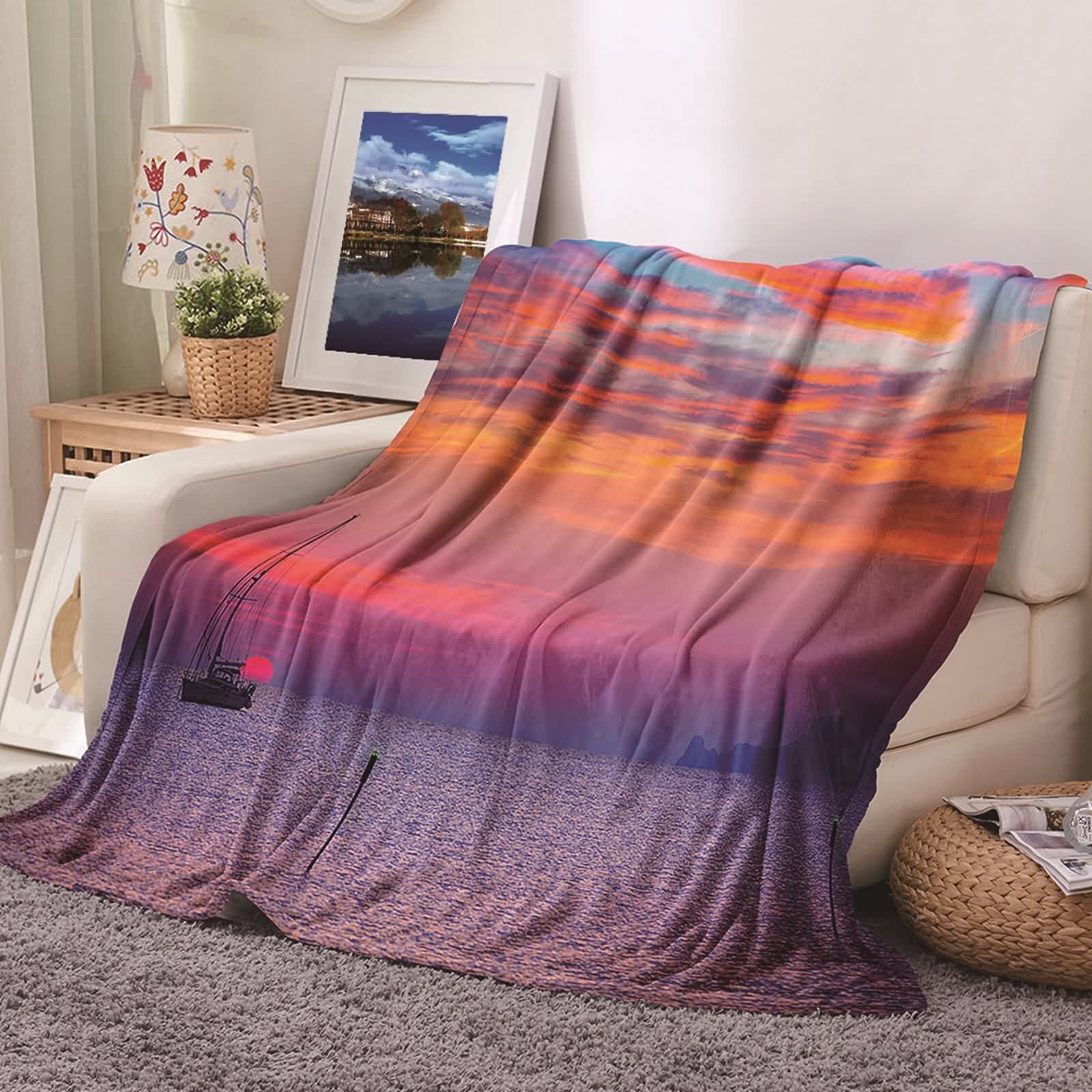 KnSam Couverture Chaude Hiver Flannel, 180x220cm, Coucher de Soleil sur Un Voilier Multicolore, Couverture Douce et Confortable pour Canapé, Chambre
