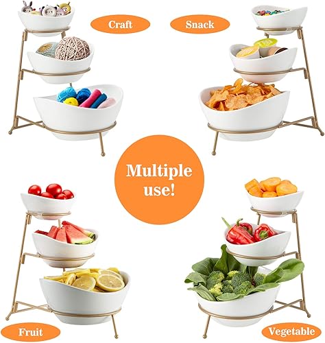 Miniatura 6 de HBlife Soporte de 3 niveles ovalado para servir con estante de metal, platos de cerámica para servir chips y inmersión, exhibición de alimentos,