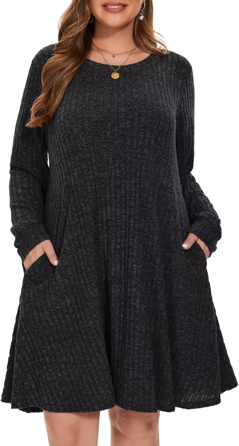 BELAROI Sweater Dress Plus Size Long Sleeve Ribbed Knit Crew Neck Casual Flowy Swing Tunic Pockets Dresses Fall Winter Oufits