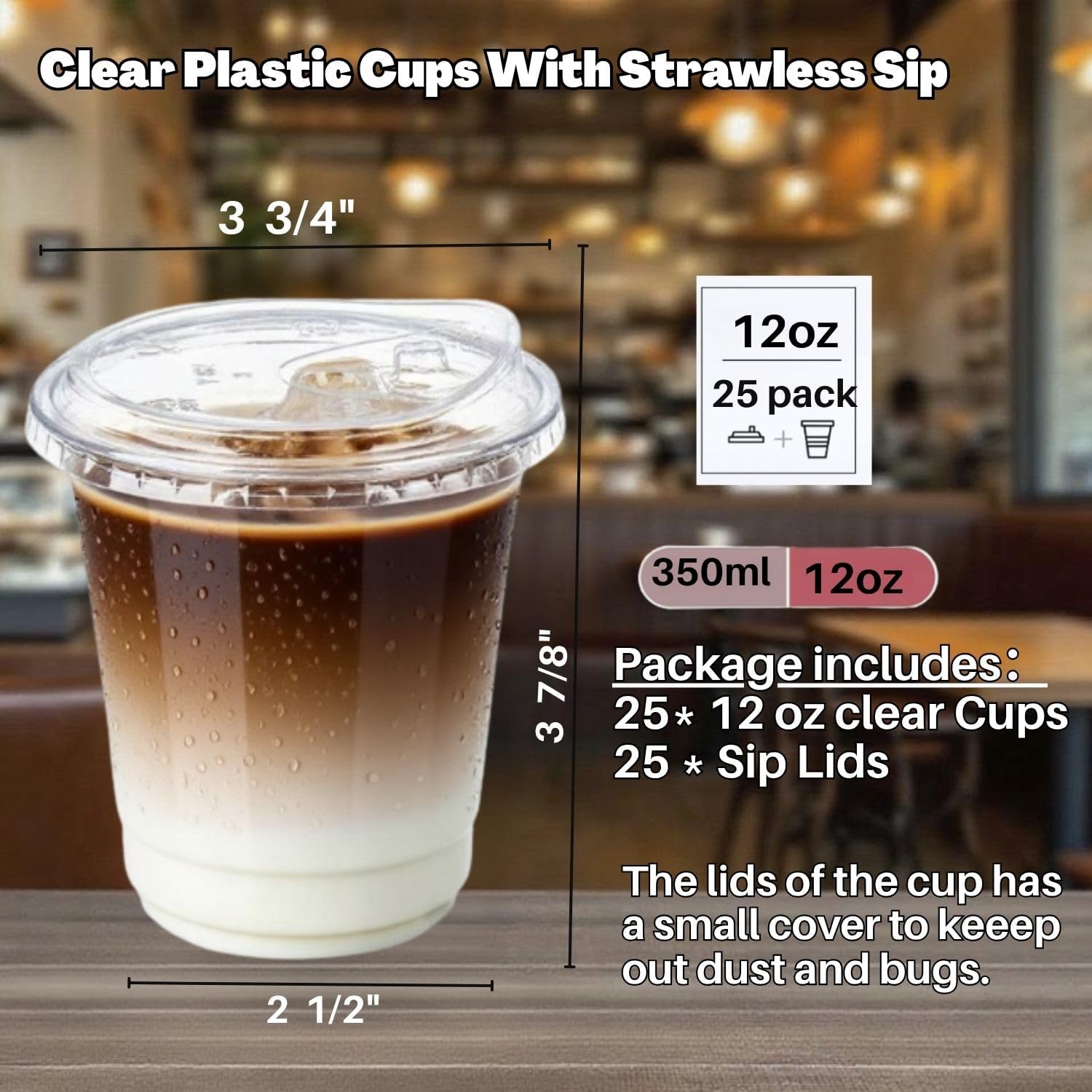 25 Sets- 12 oz Clear Plastic Cups with Strawless-Sip-Lids, Disposable Cup Plastic Iced Coffee Cups for Cold Drinks, Smoothies and Juices - Image 2