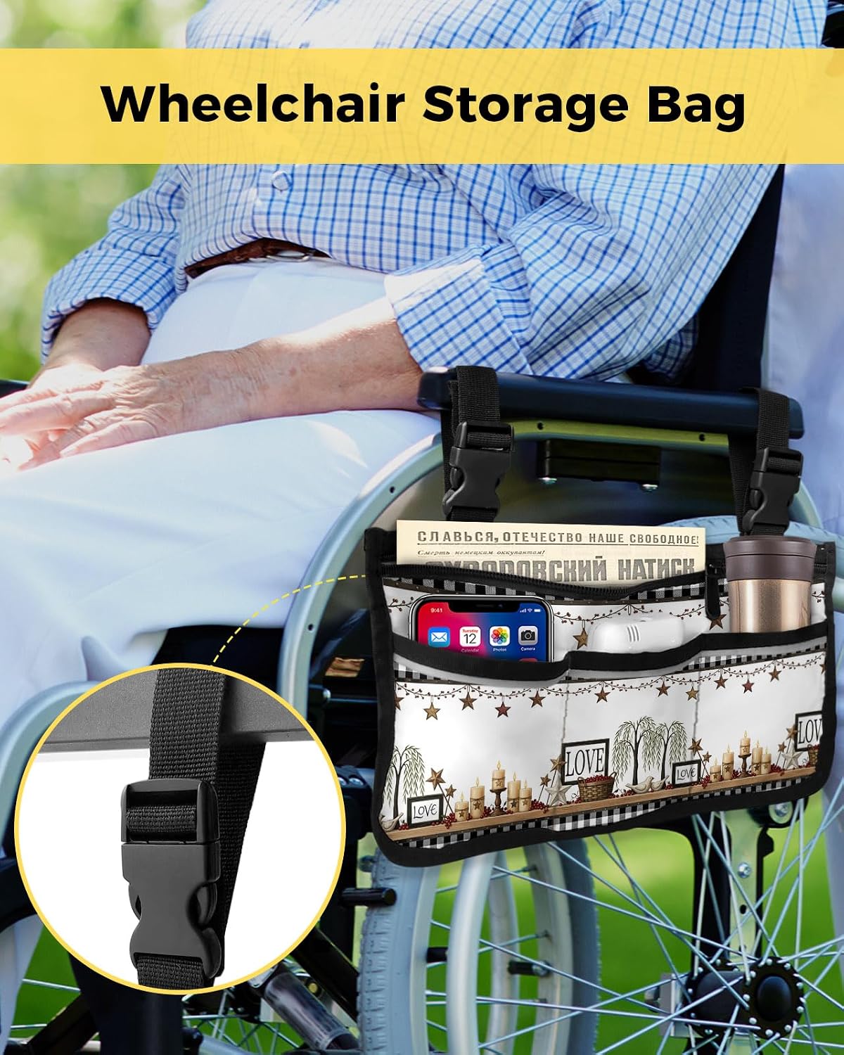 Farmhouse Wheelchair Bag with Cup Holder Bag with Reflective Stripes for Seniors Wheel Chair Accessories for Adults Country Candles Trees Star Birds Checkered Wheelchair Side Bags for Rollator image 3