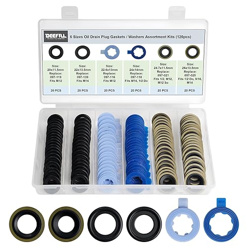 Juego surtido de 120 juntas de tapón de drenaje de aceite de 6 tamaños, compatible con M12 M14 para Ford, reemplazo 097-119, 097-139, 097-116,
