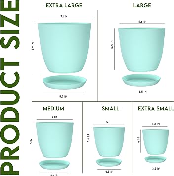 Plant Pots Indoor with Drainage, 5 Pack Multi-Size Planters Set, Aqua
