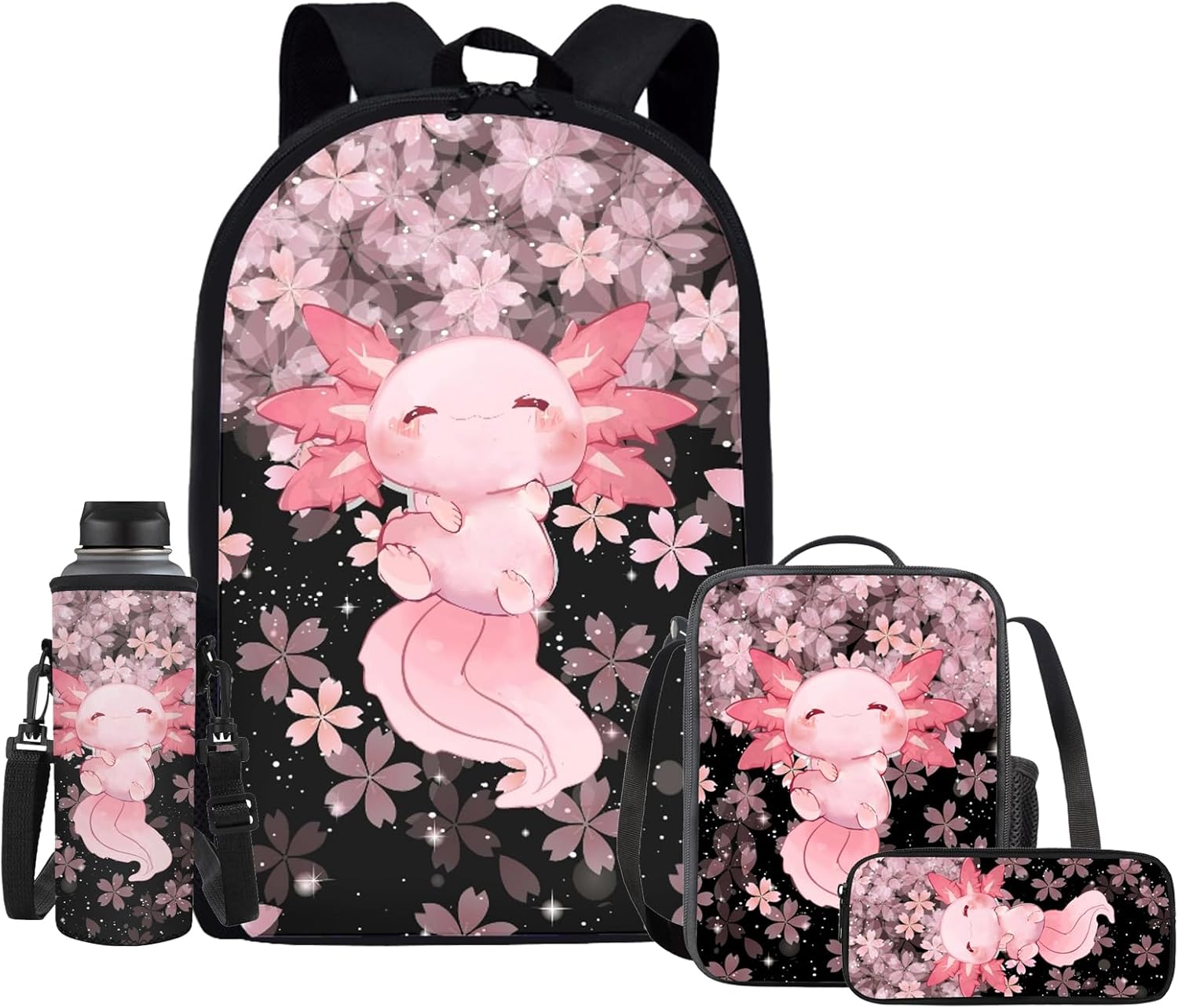 Upetstory Cute Axolotl Backpack for Kids School Bag 4-in-1 Bookbag Set with Lunch Box Pencil Case Water Bottle Sleeve for Teen Girls Boys Schoolbag Elementary Preschool Bookbag Satchel