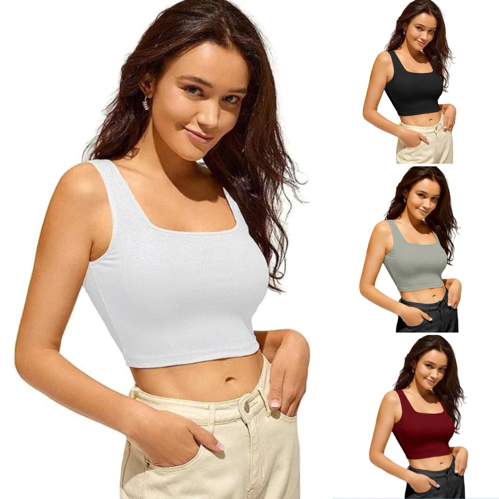 pinkhub Women's Square Neck Crop Tops Combo | Pack of 4 Sleeveless Tanks in White, Black, Grey, Maroon | Stretchable Cotton Blend | Fitted Short Length | Casual Wear, Workout, Layering-picture-39