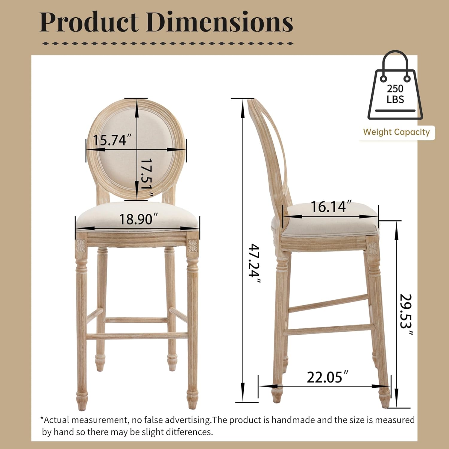 30'' Height Bar Chairs Set of 2, Bar Chair with Upholstered Chairs with Nature Rattan Round Back, Wire drawing and carving techniques, Dining Chair for Living Room, Kitchen , Restaurant, Beige