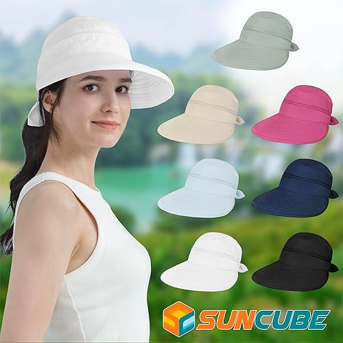 Miniatura 8 de SUN CUBE Sombrero de sol para mujer para protección UV al aire libre, sombrero de sol de ala ancha, cola de caballo, sombrero de playa convertible