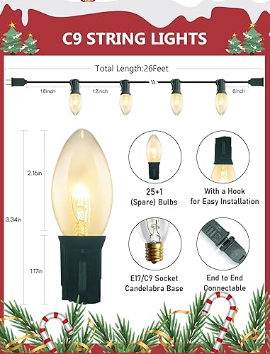 Miniatura 2 de Luces de Navidad vintage C9 para exteriores, cadena de luces de 26 pies con 26 bombillas transparentes, luz impermeable para árbol de Navidad al