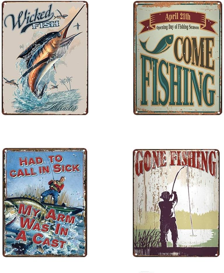 Mega-deal4Pcs Lure Fishing Antique Tin Signs, Vintage Man Cave Retro Posters for Bar Pub Lure Shop Wall Decor 12" x 8"