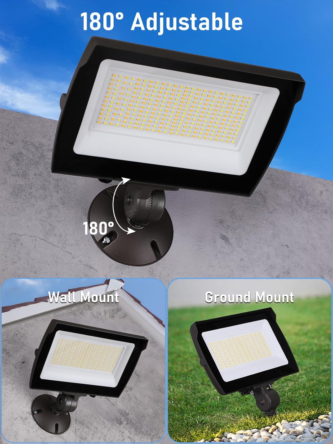 LEONLITE 100W/80W/50W Adjustable LED Flood Light Outdoor with Knuckle Mount, UL Listed, 5000K/4000K/3000K Selectable, 120/277V, Security Flood Lighting for Yard, Garage, IP65 Waterproof, Brown