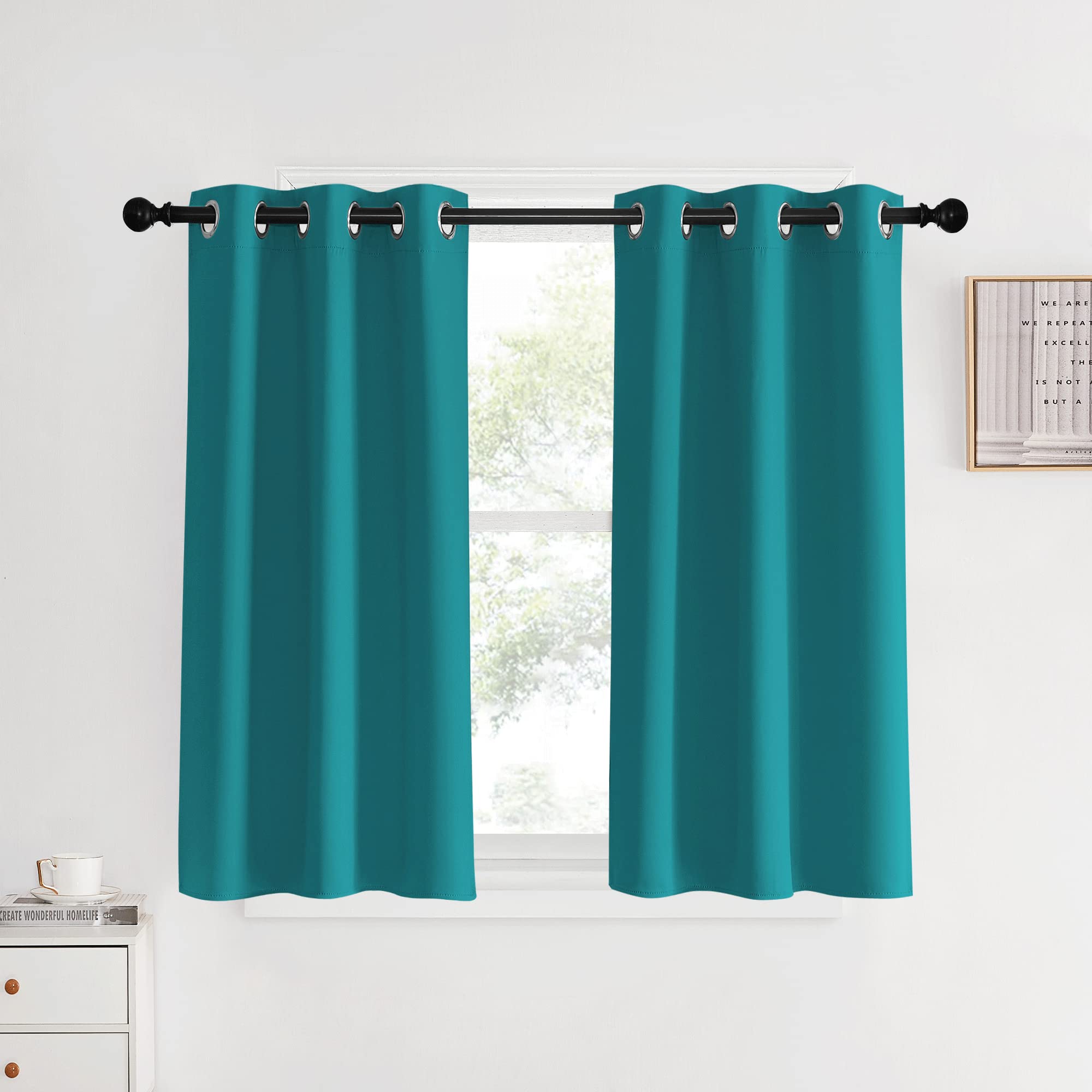 NICETOWN Room Darkening Curtains 40 inch Length 2 Panels, Peacock Teal, W34, Thermal Insulated Grommet Blackout Curtains for Modern Casual Elegant Bedroom Kids Room Theme Decoration