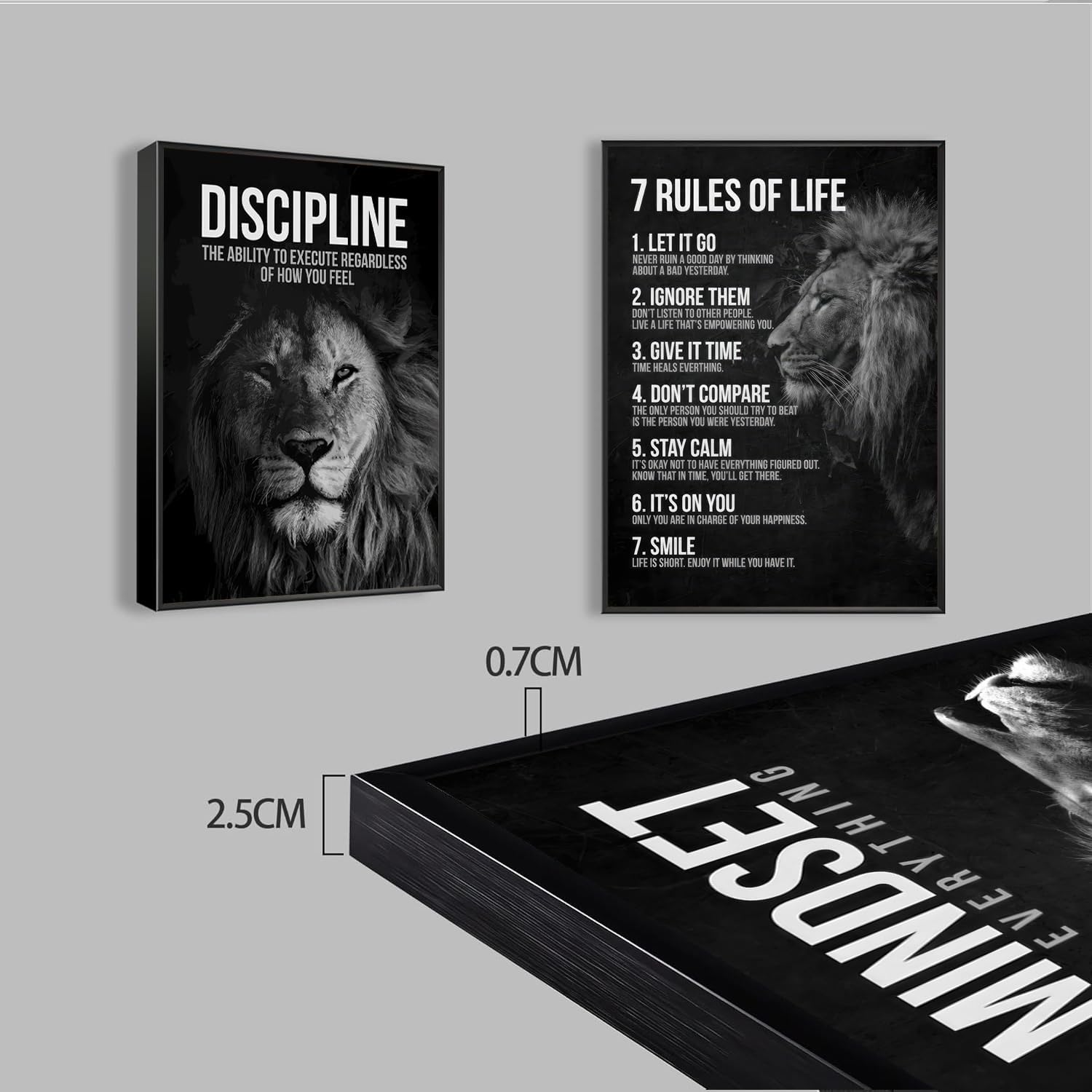 3 Pcs Black Framed Lion Inspirational Quotes Canvas Wall Art 7 Rules of Life Poster Wall Decor Pictures Office inspiration Poster Prints for Home Office gym study workplace Decoration 12x16 in