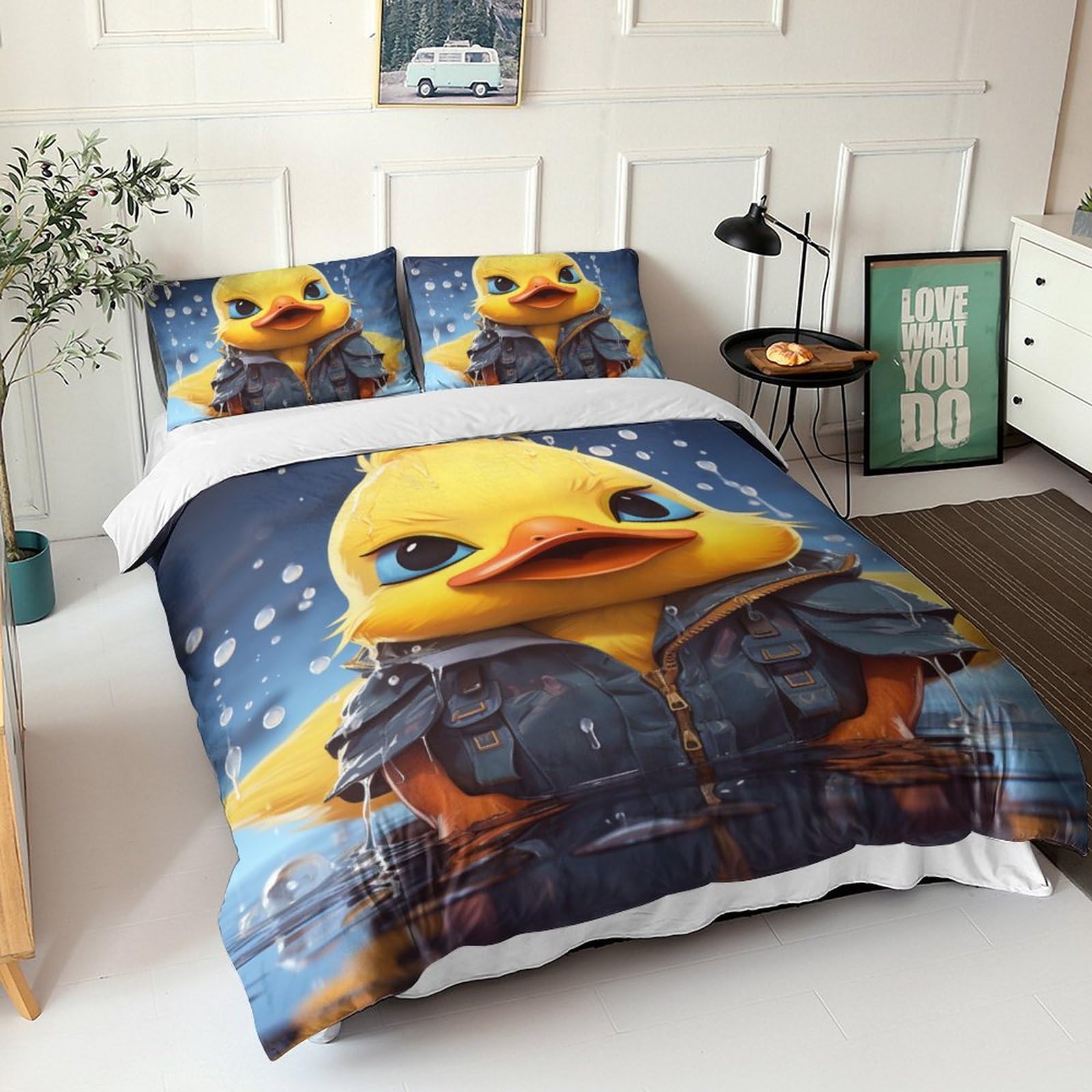Housse de couette Kleine Gelbe Ente Anime parure de lit 3D avec taie d'oreiller pour lit ado enfant
