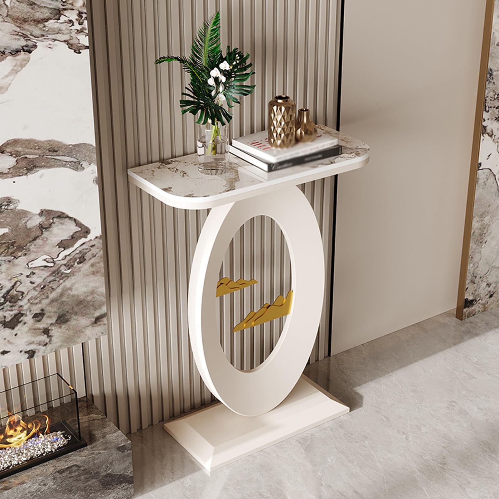 Mesa consola de mármol con marco de metal de diseño lujoso y contemporáneo