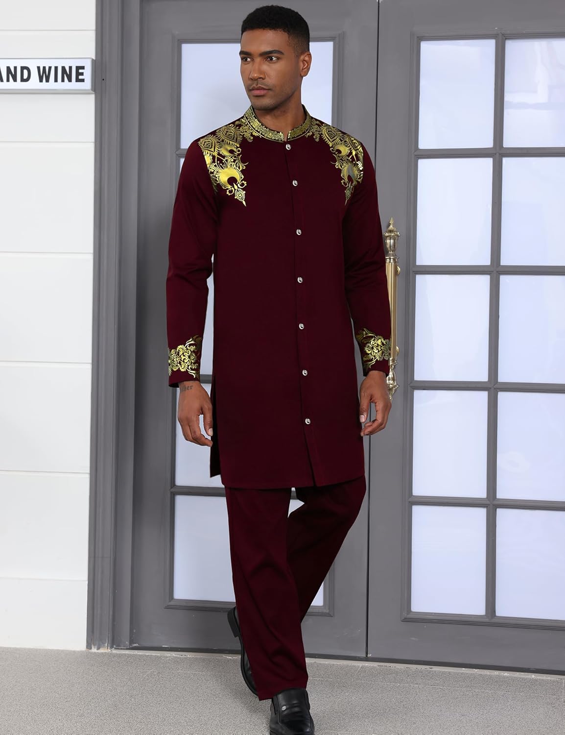 Mens Long African 2 Piece Set Nigerian Dashiki Metallic Traditional Suit Gold Stamp Printed Shirt and Pants Outfit - Image 2