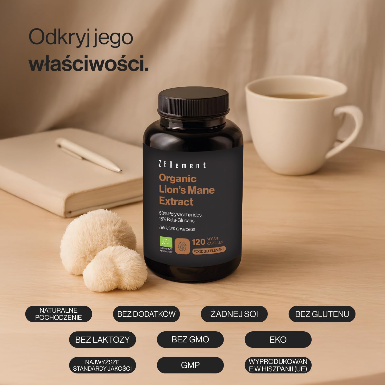 Ekstrakt z Lwich Grzyw Ekologiczny 50% Polisacharydów i 15% Beta-Glukanów – Hericium Erinaceus – Naturalne i Weganskie – 4 Miesiące Suplementacji – 120 Kapsułek Weganskich – Zenement