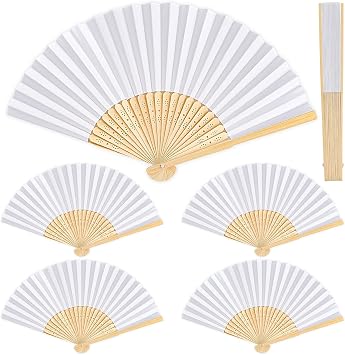 Ailvor Wedding Fans, 6 Pcs Hand Fan Folding, Handheld Fan Folding for Women, Paper Folded Fan for Party Favor, Wall Decoration, Dancing, DIY Wedding Gift White