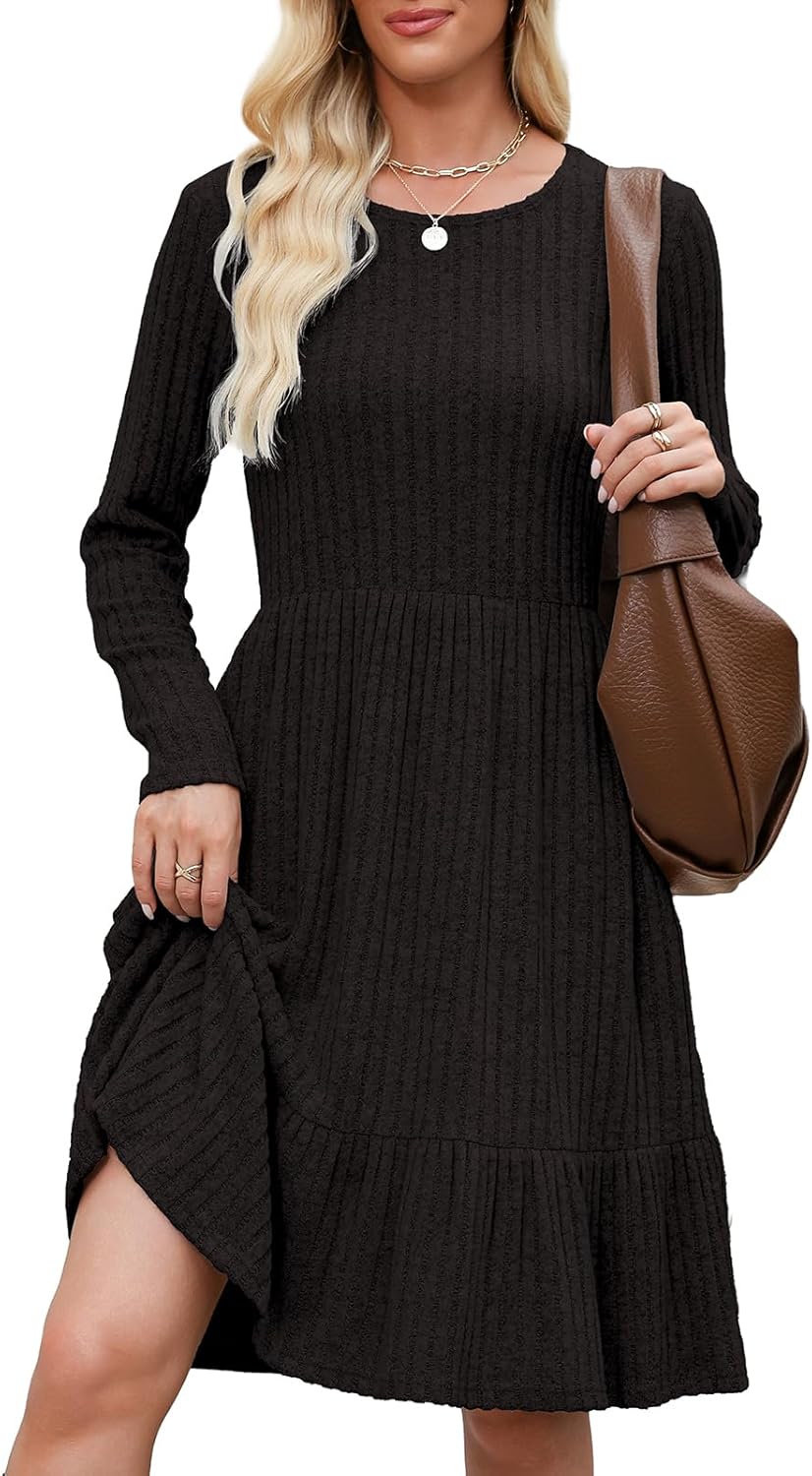 Berydress Fall Sweater Dresses for Women 2025 Long Sleeve Crewneck Flowy Babydoll Winter Casual Midi Dress with Pockets