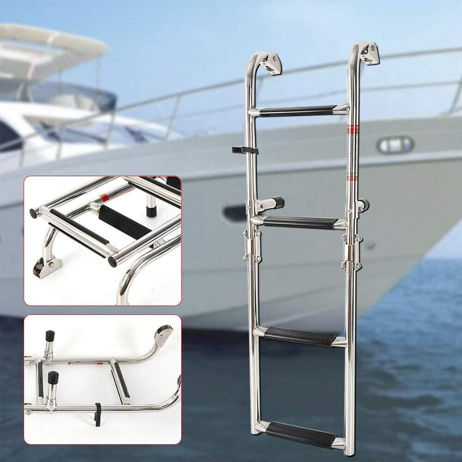 Échelle de bateau à 4 marches en acier inoxydable Échelle marine télescopique avec marche antidérapante, échelle de bain pliable pour bateaux, camping-car, yacht, piscine, pont, charge 200 kg/440 lb