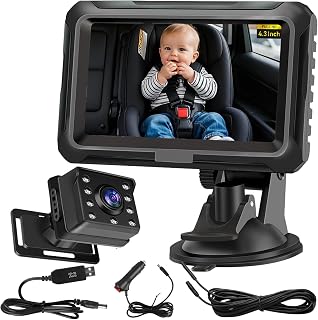 Baby Kamera Auto HD 1080P, Spiegel Auto Baby Rückbank-Kamera mit 4,3″ Display, Nachtsicht & 150° Weitwinkel, Kabellose Rücksitzkamera mit Monitor, AutoBabyphone Sicherheitsmonitor Plug & Play