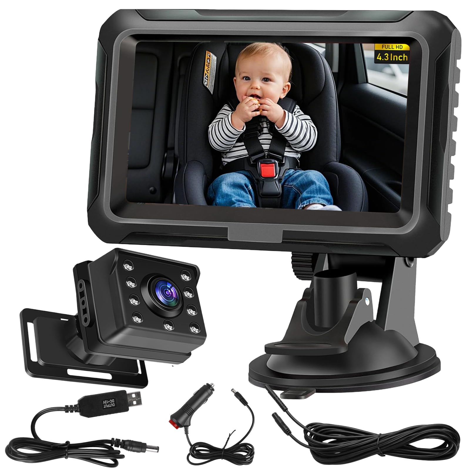 Cámara de bebé para coche HD 1080P, espejo de coche con pantalla de 4,3 pulgadas, visión nocturna y gran angular de 150°, cámara trasera inalámbrica con monitor, monitor de seguridad Plug & Play
