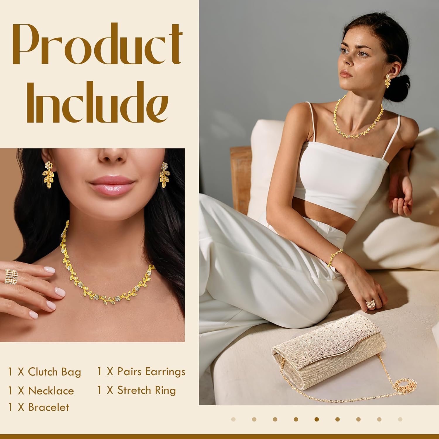 Blosssound 5 Pcs Gold Rhinestone Jewelry Set Bling Necklace Earrings Bracelets Accessories Clutch Purses Handbag Women for Evening Prom Wedding Formal Bride Birthday Christmas Party - Image 4