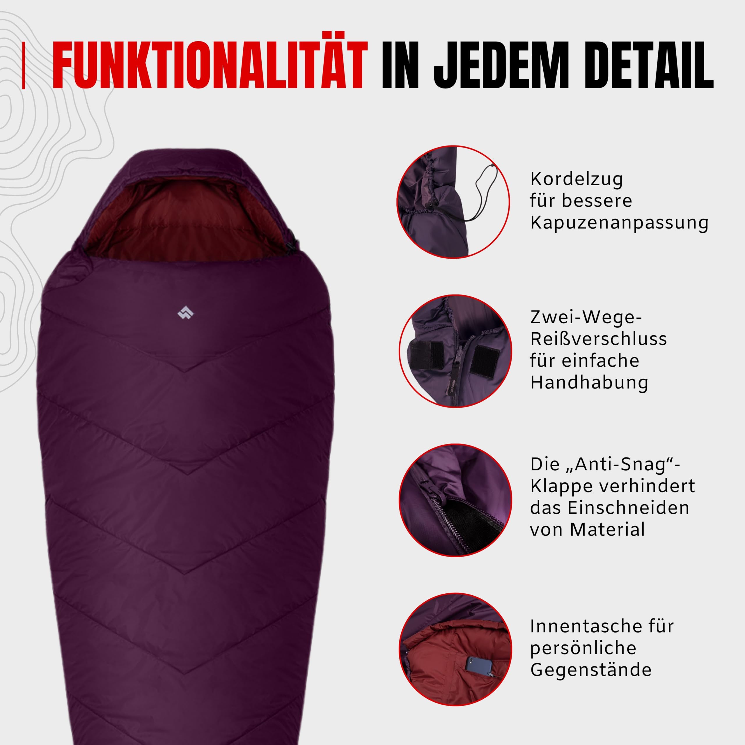 Alpinus - Śpiwór dla dorosłych Fiber Pro 1100, śpiwór, 215 x 80 cm, lekki śpiwór z dwukierunkowymi zamkami błyskawicznymi, śpiwór typu mumia ze ściśliwym pokrowcem, śpiwór kempingowy