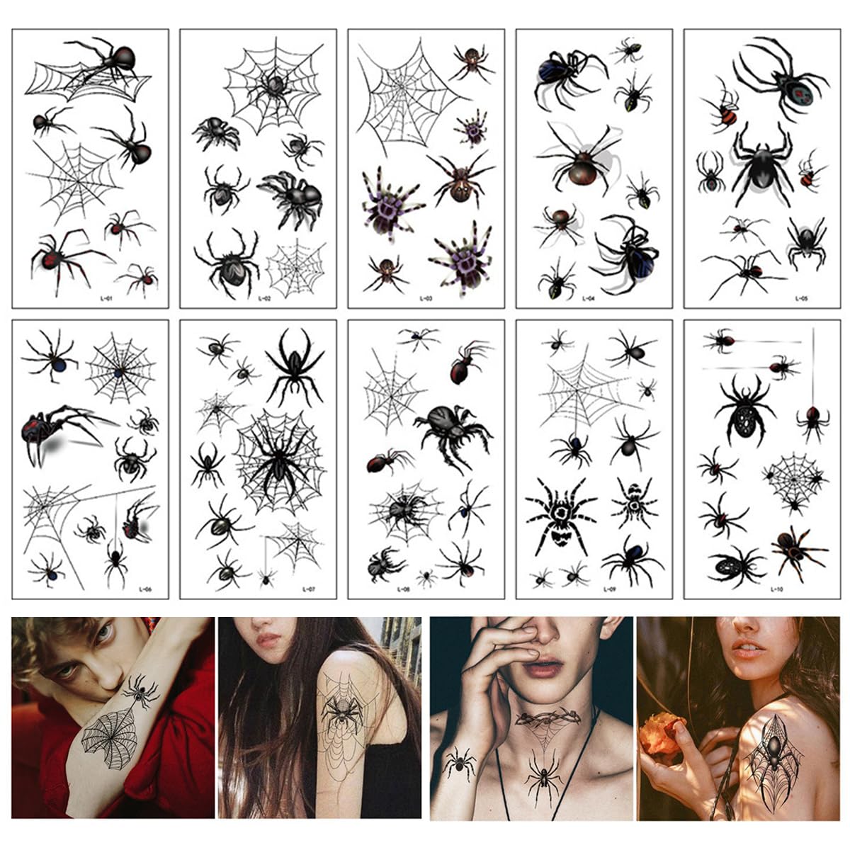 100 sztuk tatuaży tymczasowych pająków, tatuaż na Halloween, tatuaż na karnawał, pajęczyny, twarz, tatuaże na maskaradę, punk, imprezę, make-up, imprezę przerażającą