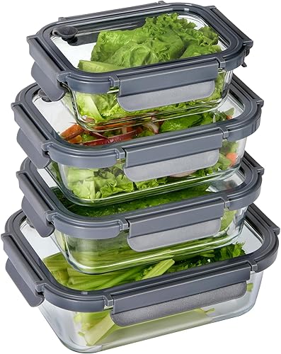 Miniatura 11 de Contenedores de vidrio para almacenamiento de alimentos con tapas de vidrio, paquete de 4 recipientes de 22 onzas, recipientes de vidrio para Gris