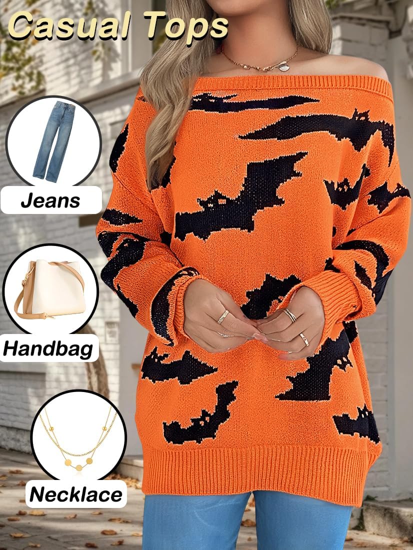 Women Halloween Sweater Bat Off Shoulder - Knitted Loose Sweaters, Long Sleeve Loose Trendy Top, Fall Winter Casual Outfit - Image 7