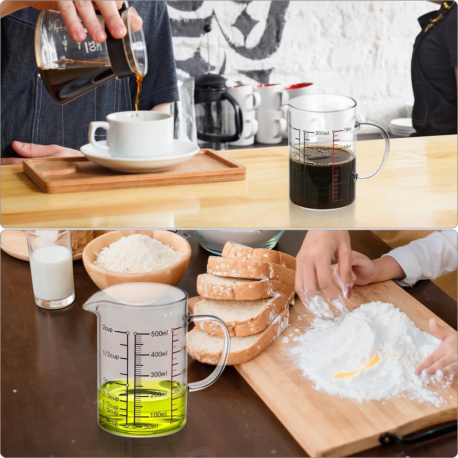 QWORK 16 Oz 2 Cup Glass Measuring Cup with Insulated Handle, V-Shaped Spout, , Measuring Cup, Precise Measurement Scales Cup