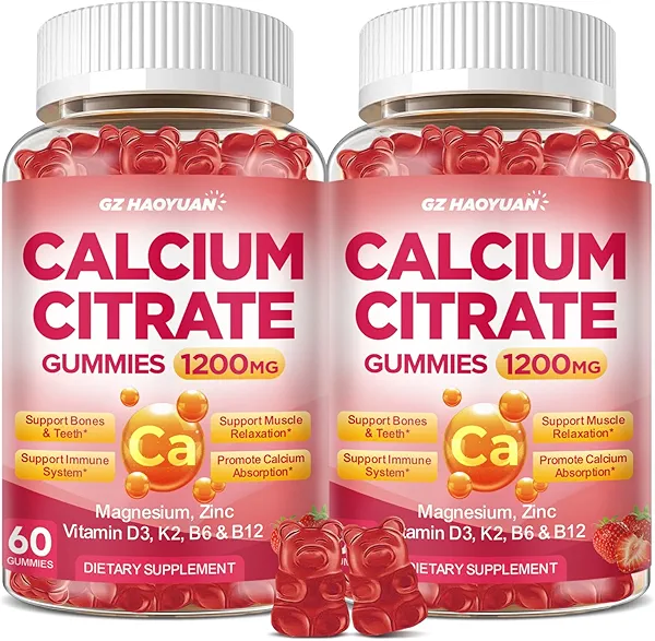 Calcium Citrate Gummies - 1200mg Calcium Gummies Supplements for Women & Men with Vitamin D3, K2, Magnesium, Zinc High Absorption for Bone, Muscle & Immune Support, Strawberry Flavor, 120 Count